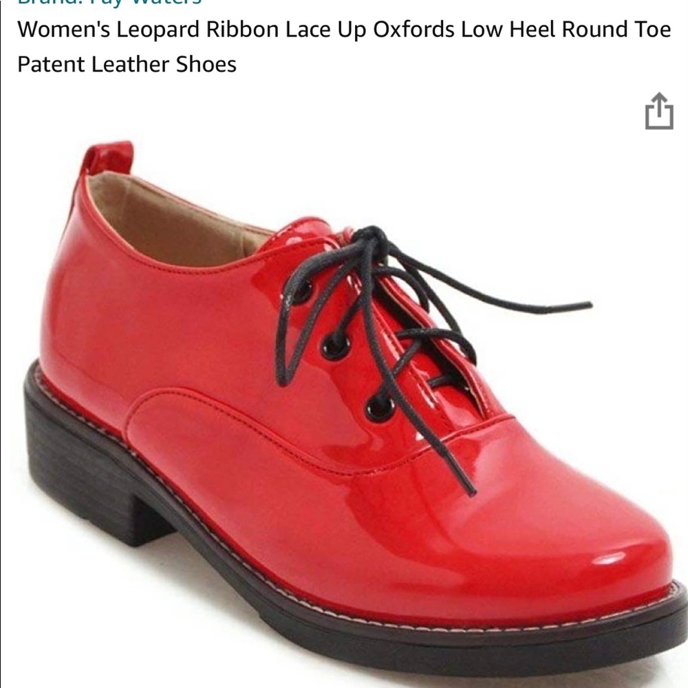 Women’s red patent leather Oxford shoes.